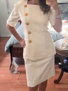 Classic Cream Button Elegant Women’s skirt suit. Perfect for court house wedding